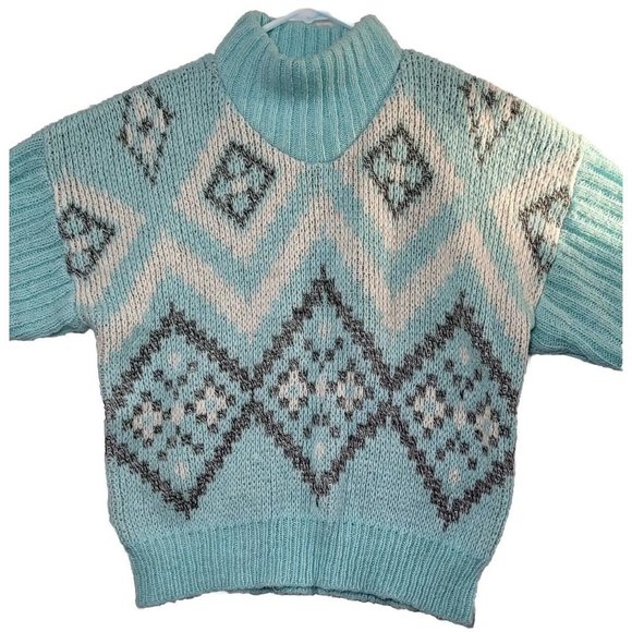 Vintage 1980s Chunky Teal & Grey Metallic Turtleneck Sweater Med/Large - Picture 2 of 8